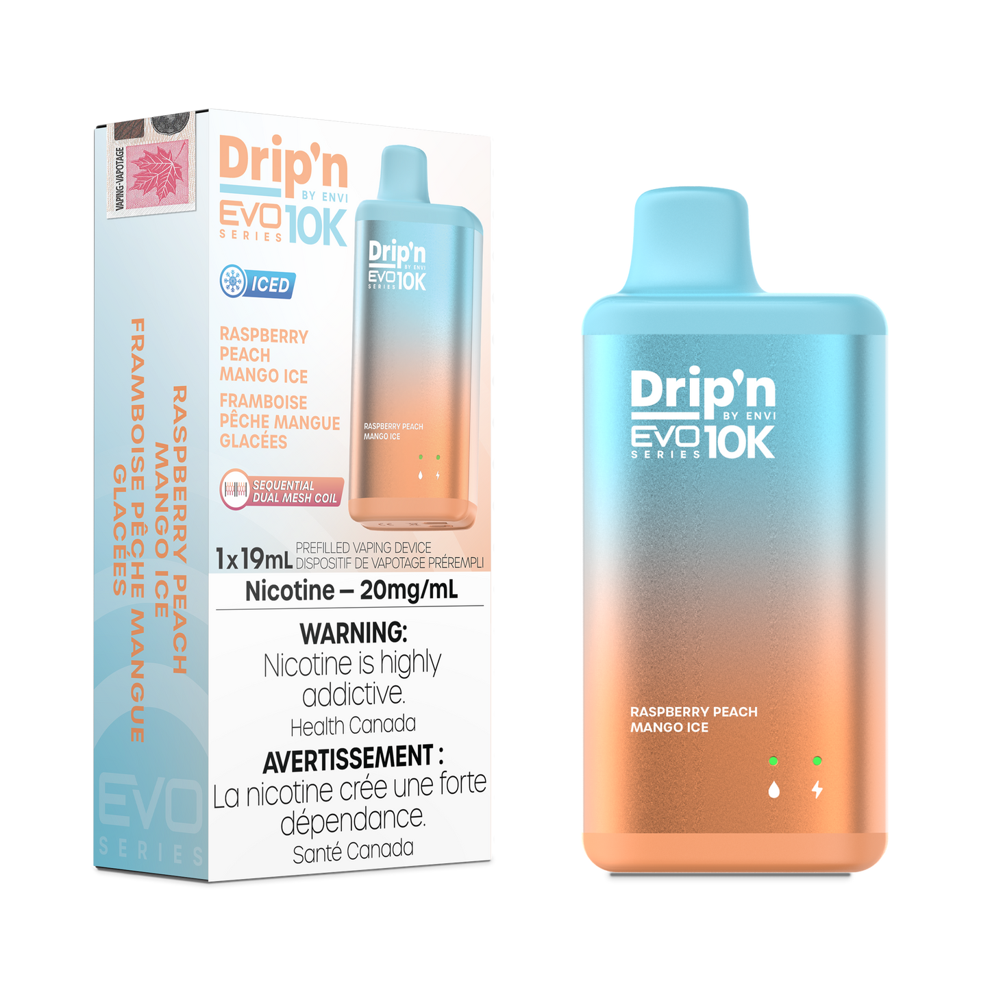 Envi Drip'n EVO 10K Raspberry Peach Mango Ice Disposable Vape - Online Vape Shop Canada - Quebec and BC Shipping Available